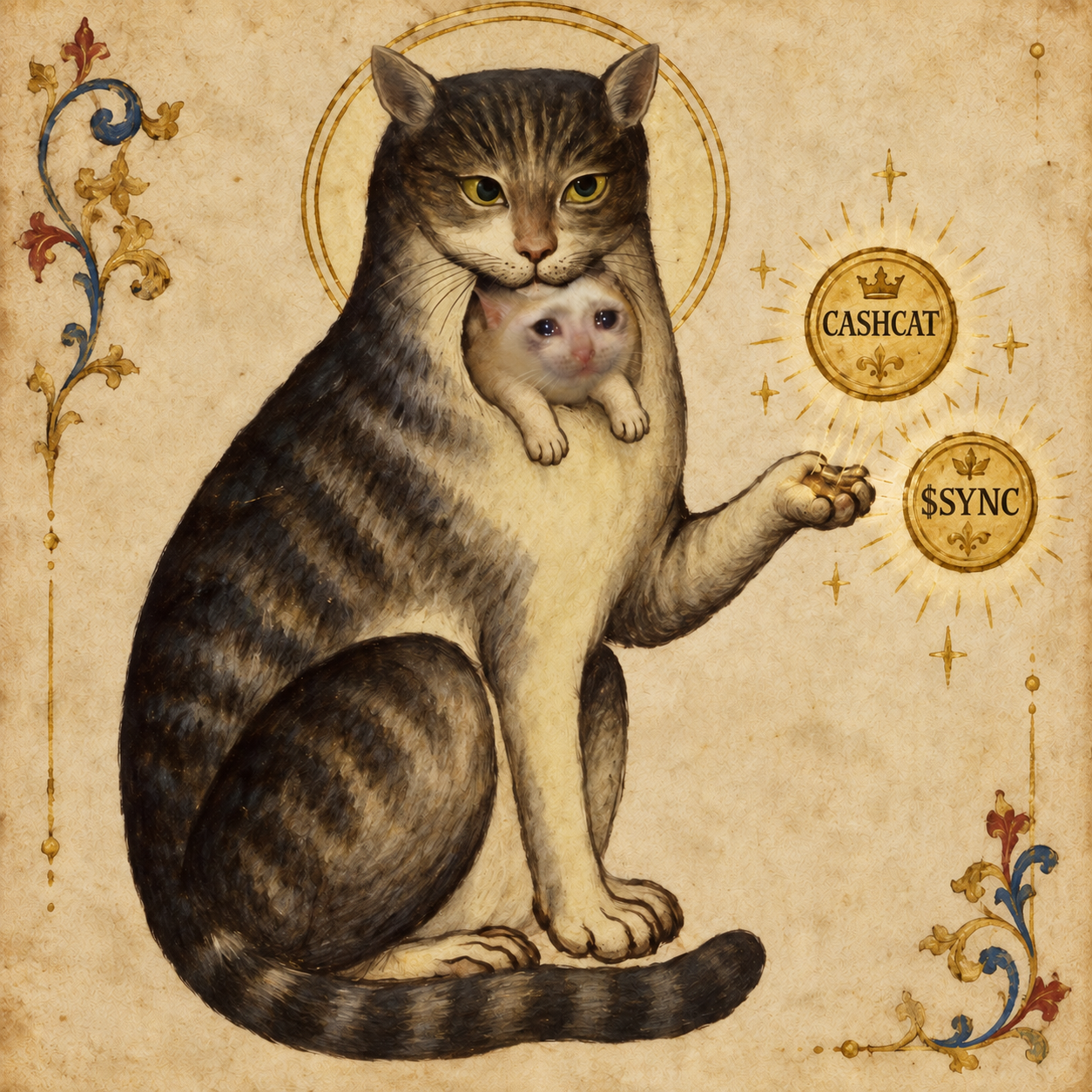 Medieval SYNCAT with a golden halo, swallowing the smaller CASHCAT and presenting CASHCAT and SYNC medallions